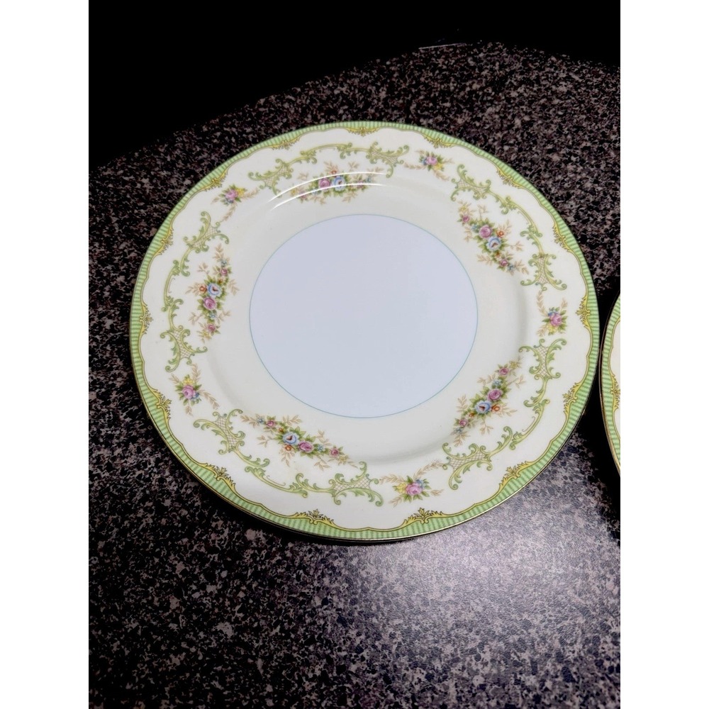 1930s Noritake Marlene Dinner Plates Set of 2 Green Floral Gold Japan Vintage